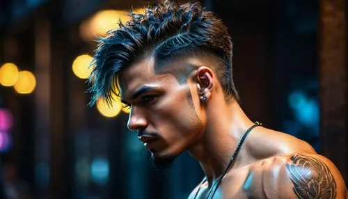 inteligência Artificial, 8k, imagem realista, art IA, wallpaper, 3D, arte, desenho, anime, 4k, moda masculina, musculoso, IA, AI, tatuagem,,miyavi,mohawk,undercut,pompadour,pompadours,pompadoured,unde