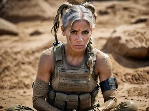 muscular beautiful athletic toned woman in soldiers fatigues her face covered in sand and mud her grey hair in pigtails she looks tired and worn out as she sits cross legged with her rifle --v 6.0,mad