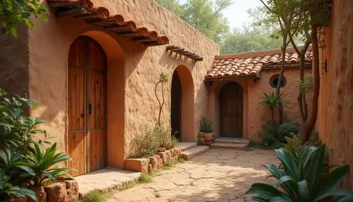 Earth-toned mud-brick buildings, rustic wooden doors, natural stone walls, curved terracotta roof tiles, woven bamboo fences, earthy clay floors, rough-hewn wooden beams, local traditional craftsmansh