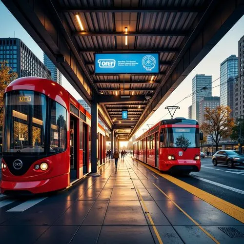 Vibrant tram station, bold color schemes, contrasting hues, dynamic lighting effects, futuristic architecture, sleek metal beams, polished concrete floors, modern signage systems, electronic displays,