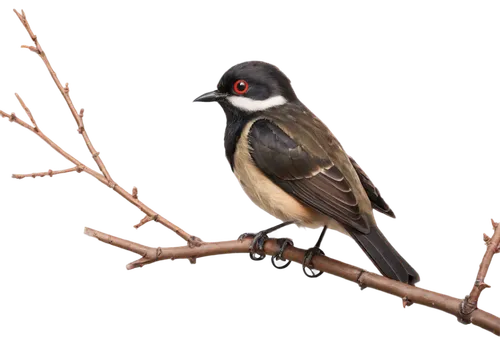 Black pittos, small bird, brown back, black head, white throat, red eyes, tiny beak, perched, branch, leaves surrounding, warm lighting, soft focus, shallow depth of field, natural composition.,aracam