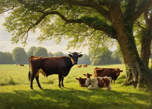 Borselen J.W. van | Jan Willem van Borselen, A summer landscape with a cowherd and cattle, oil on canvas 40.9 x 31.0 cm, signed l.l.,cows on pasture,allgäu brown cattle,heifers,happy cows,cows,oxen,ho