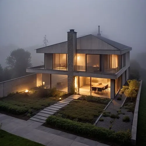 a house in the mist covered forest at night,morning fog,foggy landscape,foggy day,early fog,foggy,morning mist,Photography,General,Realistic