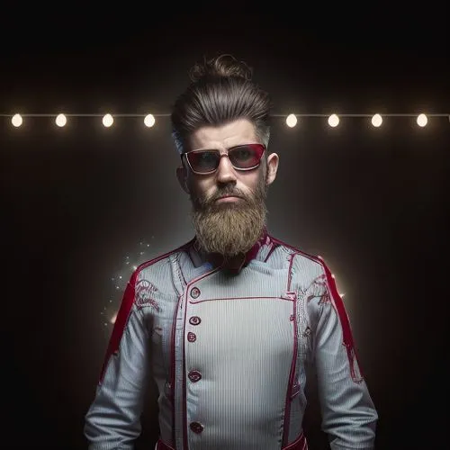 A  strong and manly look person with Costume and character styling, photo realistic and cinematic effect background bokeh lights and colours, sharp focus, depth,pompadour,medic,nord electro,barber,pub