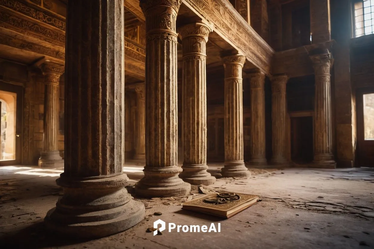 Ancient Greek architecture, stone columns, ornate carvings, golden compass, intricate details, rusty metal, old parchment, vintage-style navigation tools, dimly lit interior, abandoned library, dusty 