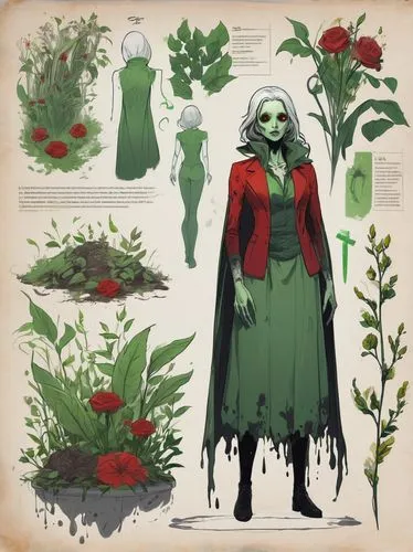 a corpse with a green body and a small beak stands in the center of a lush garden, surrounded by blooming flowers. The air is thick with chemicals and ash, and the leaves rustle softly as a gentle bre