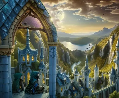 The young green wizard sits next to his young pupil the blue wizard to stare the magical valley where they live, down infornt of them grows the elfic elven blue castle in Lothlorien Rivendell elfic st