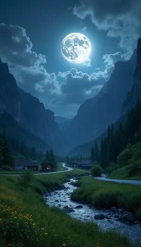 moonlit night,moonlit,moonlight,moon at night,fantasy landscape,valley of the moon,Photography,General,Realistic