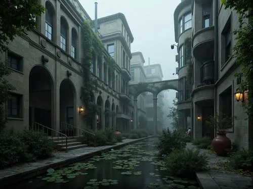 old linden alley,overgrowth,alleyway,myst,dishonored,lostplace,alley,theed,ruelle,alleyways,cryengine,sidestreet,streamwood,brownstones,rivertown,innsmouth,narrow street,syberia,apartment house,ancient city