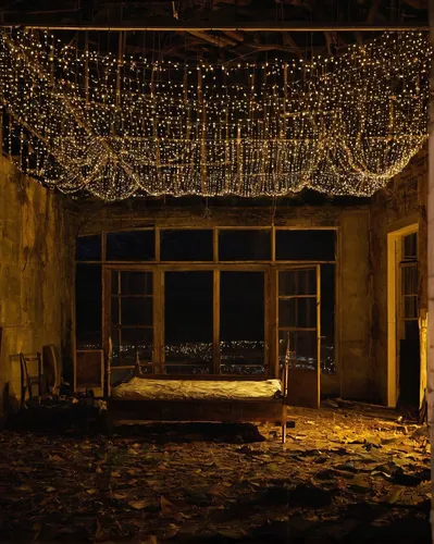 string lights,luminous garland,abandoned room,night scene,fairy lights,string of lights,christmas scene,drawing with light,scene lighting,christmas room,night photograph,lantern string,garland of lights,pripyat,light paint,pergola,christmas window on brick,penumbra,light painting,sleeping room,Photography,Documentary Photography,Documentary Photography 31