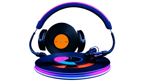 Vinyl record, retro music player, free copyright symbol, musical notes, headphones, DJ equipment, CD discs, sound waves, neon lights, dark background, low-key lighting, 3/4 composition, shallow depth 