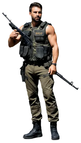 Warrior, male, muscular, angry face, scars on cheek, short brown hair, beard, camouflage uniform, bulletproof vest, holding rifle, standing, strong legs, boots, desert background, dramatic lighting, h