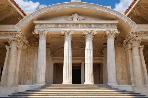 Ancient Greek temple, Doric order, massive columns, ornate capitals, triglyphs, metopes, pediment, sculptures, marble material, intricate carvings, detailed stone texture, symmetrical composition, cen