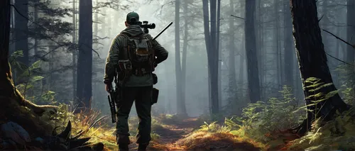 the wanderer,woodsman,wanderer,lone warrior,forest man,hunting scene,ranger,chasseur,forest background,hunter,rifleman,wander,forest walk,gamekeeper,forest animal,boba fett,hunt,hiker,sci fiction illustration,hunting decoy,Conceptual Art,Sci-Fi,Sci-Fi 23