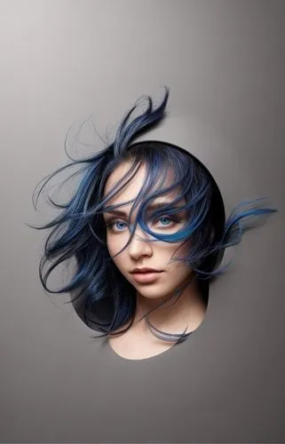 una mujer de cabello corto con una piel plalida de ojos azules, con un cabello azulado con un degrade de azul oscuro ,digital painting,digital art,portrait background,world digital painting,blue paint