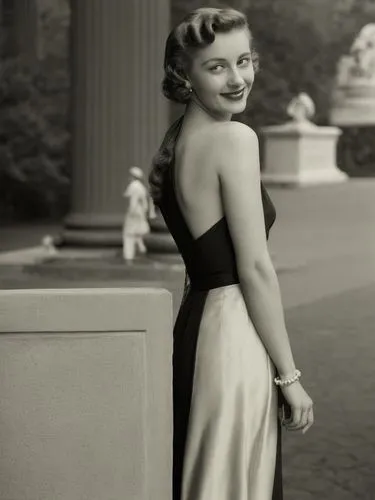 A lady from the 1940s in front of a classical column, smiling and flirting.,a woman in a strapless gown standing with her hands on her hips,hayworth,stanwyck,olivia de havilland,ingrid bergman,jane ru