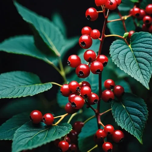 flowers on a black background with one white and the other red,red berries,accoceberry,winterberry,psychotria,ripe berries,holly berries