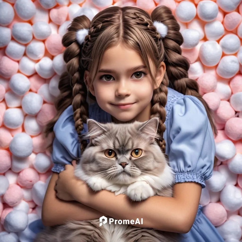 An anime-like drawing of a 10 year old brown haired girl with braids and her gray Persian cat. Embraced in a sea of ​​marshmallows,toxoplasmosis,two cats,children's background,cat lovers,doll cat,phot