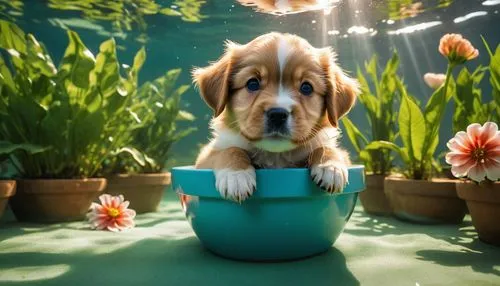 golden retriever puppy,flower pot,flowerpot,golden retriver,potted plant,watering can,Photography,Artistic Photography,Artistic Photography 01