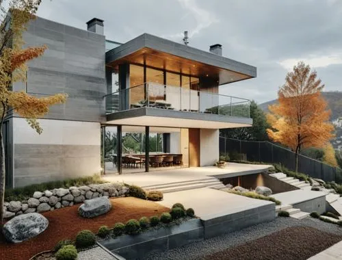 MATERIALES REALISTA Y CON TRASTES CON MATERIALES NATURALES y con una alberca,an exterior view of a building on a hillside,modern house,modern architecture,landscape design sydney,modern style,landscap