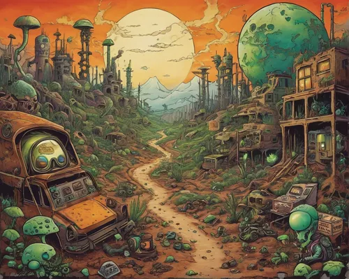 mushroom landscape,post-apocalyptic landscape,wasteland,alien planet,post apocalyptic,fairy village,alien world,post-apocalypse,mushroom island,gas planet,swampy landscape,fantasy world,fantasy city,aurora village,sci fiction illustration,fantasy landscape,old earth,road forgotten,terraforming,druid grove,Illustration,Abstract Fantasy,Abstract Fantasy 10