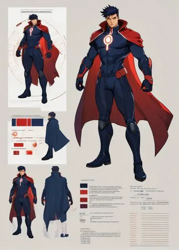 A turnaround character design sheet of a male superhero with a cape. Muscular figure. Short black hair. Color: Midnight blue and red. Comic book cell-shading style. Full body shot. Character standing 