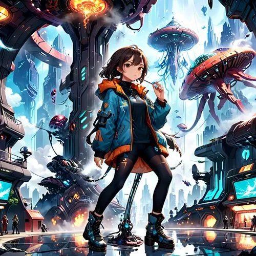 bioshock,akira,cyberworld,railgun,maplestory,sci fiction illustration,Anime,Anime,Traditional