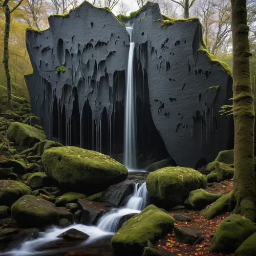 basalt columns,brown waterfall,art forms in nature,natural monument,cascading,wasserfall,water fall,waterfalls,green waterfall,germany forest,forest of dean,black landscape,environmental art,basalt,waterfall,water wall,water flow,water falls,mud wall,bridal veil fall,Illustration,Black and White,Black and White 26