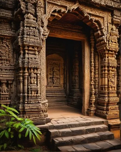 Ancient Hoysala Dynasty architecture, intricate carvings, ornate pillars, vibrant mythological murals, grand entrance, towering shrines, richly textured stone walls, lush greenery surrounding, tropica