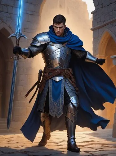 Male lancer, TTRPG character, standing heroically, muscular build, silver armor, intricate engravings, blue cape flowing in wind, detailed face with sharp jawline, piercing blue eyes, short brown hair