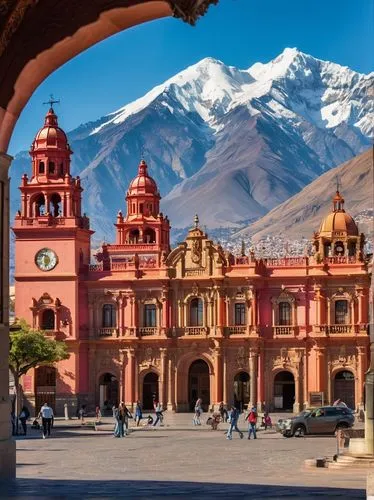 Chilean architecture, mix of Spanish colonial and modern styles, colorful stucco buildings, ornate wooden doors, intricate stone carvings, bell towers, red-tiled roofs, Plaza de Armas, Santiago, Chile