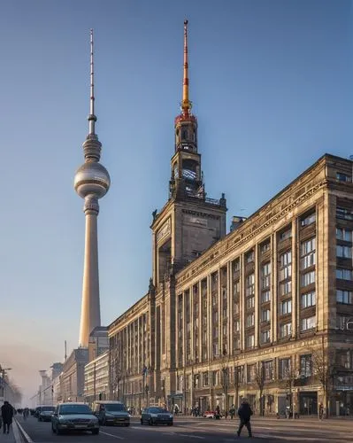 East Berlin architecture, historic buildings, Soviet-era influence, brutalist style, concrete structures, ornate facades, intricate details, communist-era landmarks, Alexanderplatz, Fernsehturm, Berli