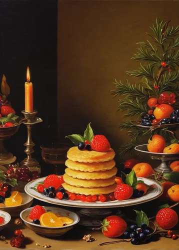 Create a prompt about a traditional dessert that brings joy during festive occasions.,still life with jam and pancakes,christmas pastry,candlemas,plate of pancakes,holiday table,still-life,christmas p