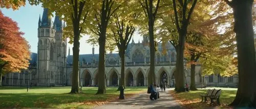 Modern university campus, grandiose stone building, intricate Gothic architecture, ornate columns, sweeping arches, stained glass windows, lush greenery, sprawling lawns, scattered benches, students w