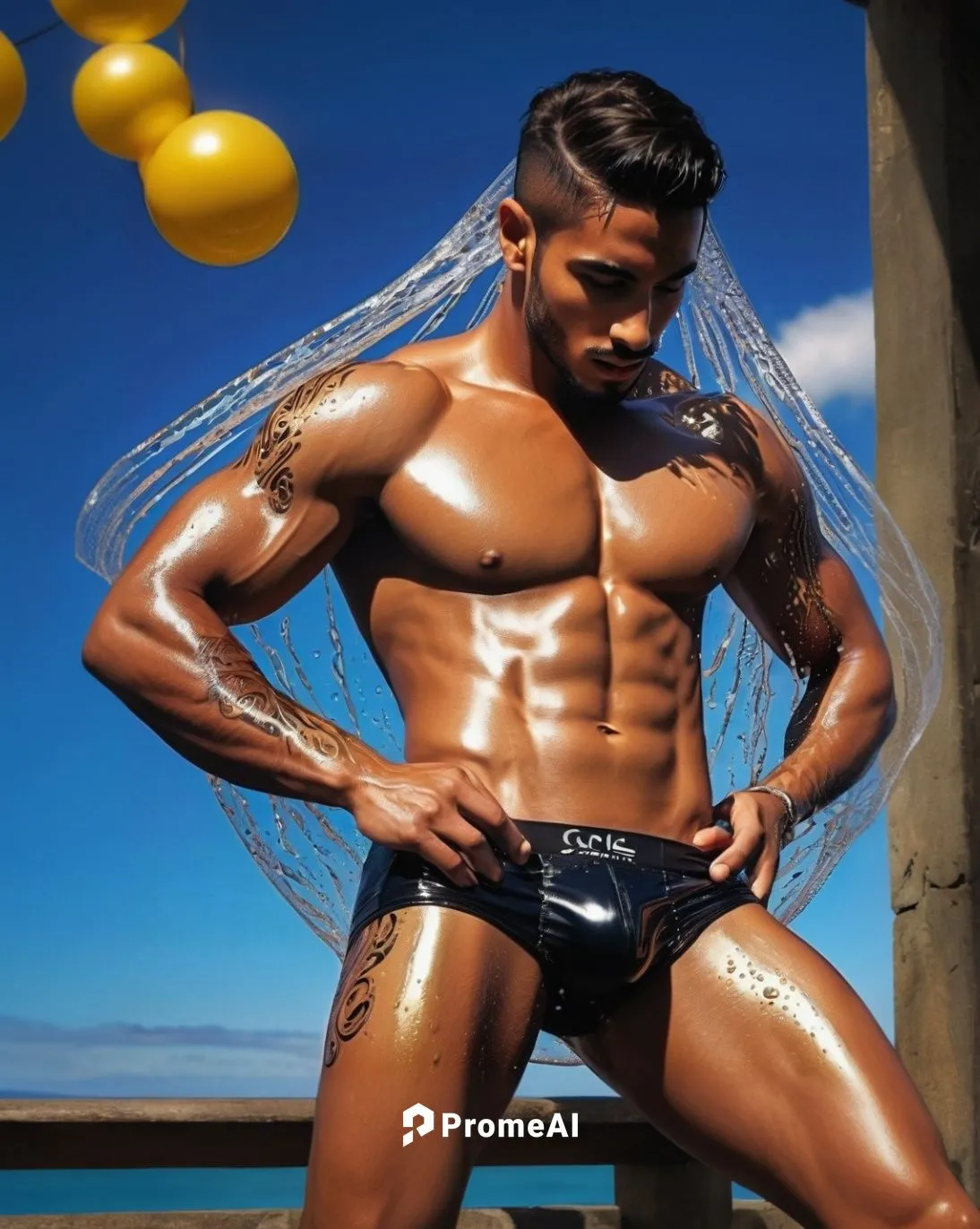 a male bodybud in his underwear with balloons behind him,goncharov,topher,oiled,dawid,brazilian athlete,songkran