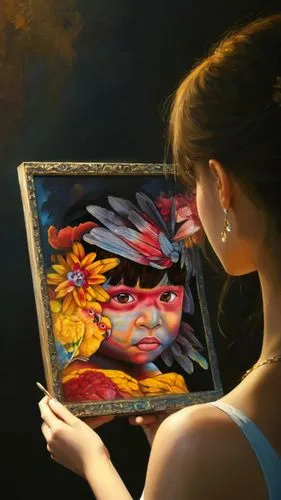 tretchikoff,glass painting,mexican painter,adnate,photo painting,meticulous painting,art painting,mystical portrait of a girl,oil painting,pintura,painting technique,oil painting on canvas,holding a f