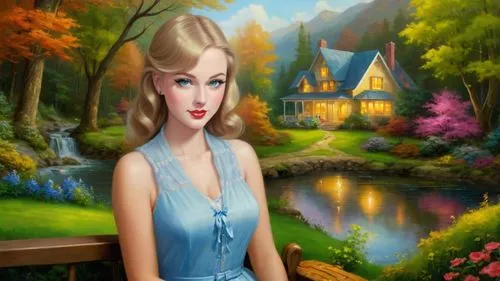 Romantic masterpiece oil painting, cute girl portrait, nostalgic 1950's style kitsch, breathtaking beautiful  landscape, majestic natural scenery, warm evening lighting, highly detailed, highres, absu