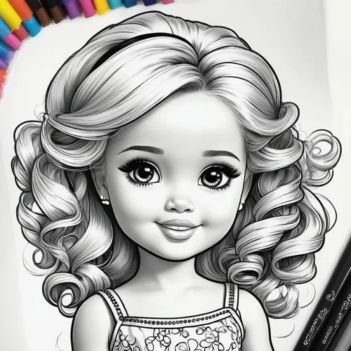 dressup,cute cartoon character,coloring pages kids,painter doll,cute cartoon image,munni,Illustration,Black and White,Black and White 08