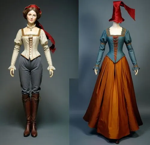 Paper doll one solo medieval noble women in white blouse ,grey tight legging with brown boot on the left standing with a headless faceless fashion mannequin clothing item set of elegant medieval noble