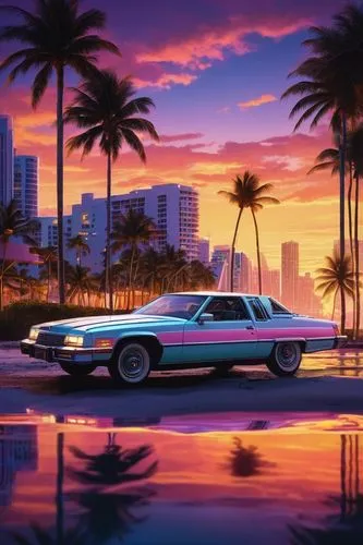 Tommy Vercetti, Miami Vice-inspired, 80s retro futuristic, neon-lit cityscape, skyscrapers, palm trees, sunset glow, detailed facial features, sharp jawline, slicked-back hair, aviator sunglasses, pas