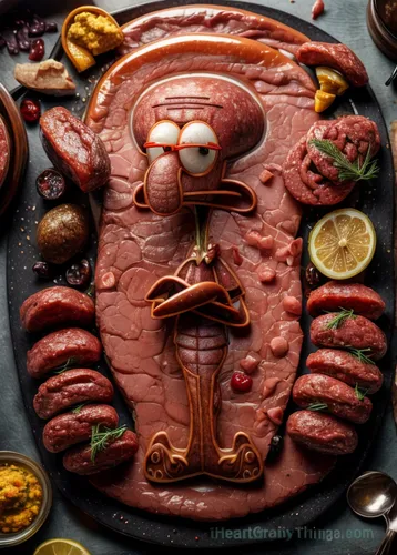 squidward made of raw meat,meat cake,mortadella,bologna sausage,ratatouille,sausage platter,sausage plate,meat carving,choripán,kielbasa,tofurky,meatloaf,liverwurst,pâté,food photography,barbeque,barb