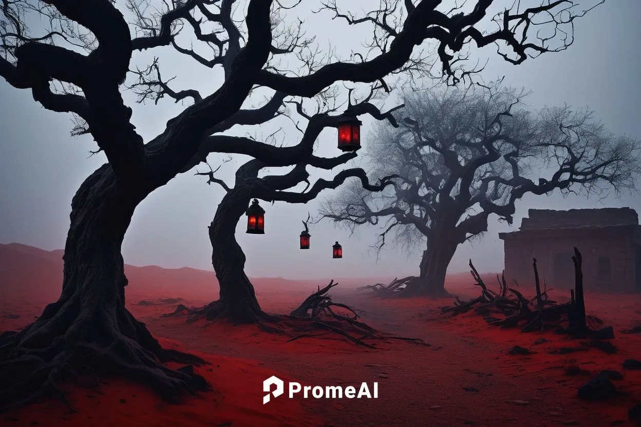 Blood Meridian inspired wallpaper, dark fantasy, eerie atmosphere, crimson red desert landscape, twisted tree branches, glowing eyes in the darkness, ancient abandoned buildings, worn stone walls, mys