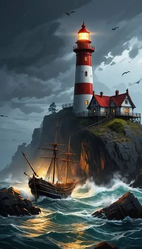 lighthouses,lighthouse,red lighthouse,electric lighthouse,light house,siggeir,phare,petit minou lighthouse,lightkeeper,world digital painting,light station,fantasy picture,farol,sea landscape,schoolship,maiden's tower,pieters,donsky,isole,fantasy art,Conceptual Art,Oil color,Oil Color 08