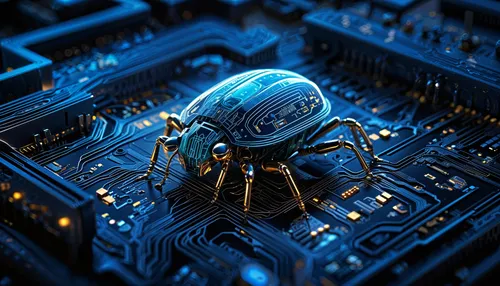 blue - toned spider on top of a computer motherboard,cinema 4d,3d render,tron,bomberman,electro,webman