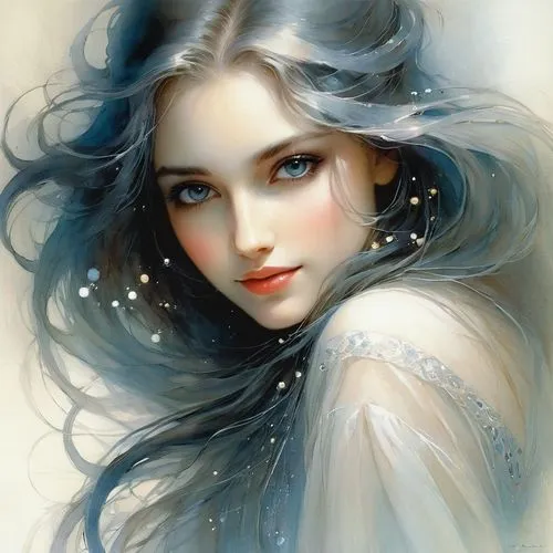 white rose snow queen,behenna,the snow queen,peignoir,jingna,mystical portrait of a girl,fairie,faery,white lady,margaery,mikimoto,fantasy portrait,kommuna,ice queen,blue moon rose,faerie,watercolor blue,fairest,undine,ice princess,Illustration,Realistic Fantasy,Realistic Fantasy 16