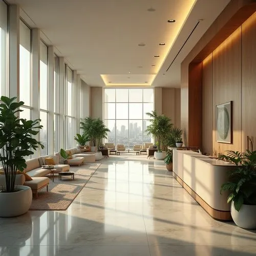 Luxurious hospital interior, modern stylish finishes, sleek lines, minimalist decor, polished marble floors, glossy wooden accents, soft warm lighting, comfortable waiting area, elegant reception desk