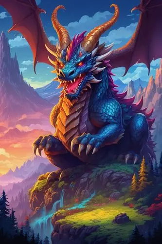 Fantasy, creature, beast, mythical, dragon, scales, fur, whiskers, sharp claws, piercing eyes, majestic horns, powerful muscles, ancient tree, misty forest, twilight atmosphere, foggy mountains, myste