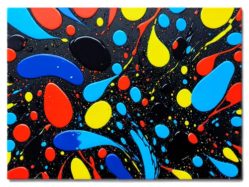 Vibrant splatter painting, abstract art, colorful droplets, dynamic motion, Jackson Pollock style, textured brushstrokes, acrylic on canvas, bold colors, expressive artwork, close-up shot, shallow dep