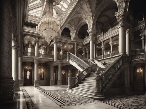 gringotts,staircase,hall of the fallen,ornate room,entrance hall,staircases,royal interior,stairway,outside staircase,chhatris,victorian,luxury decay,winding staircase,ornate,hallway,crown palace,victorian style,foyer,victoriana,europe palace,Illustration,Black and White,Black and White 11