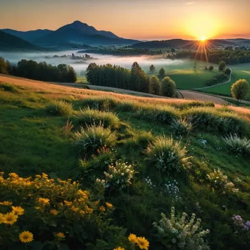 the morning greets us with cool sunshine and flowers.,beautiful landscape,rhineland palatinate,meadow landscape,austria,eastern switzerland,slovenia,mountain sunrise,franconian switzerland,nature land